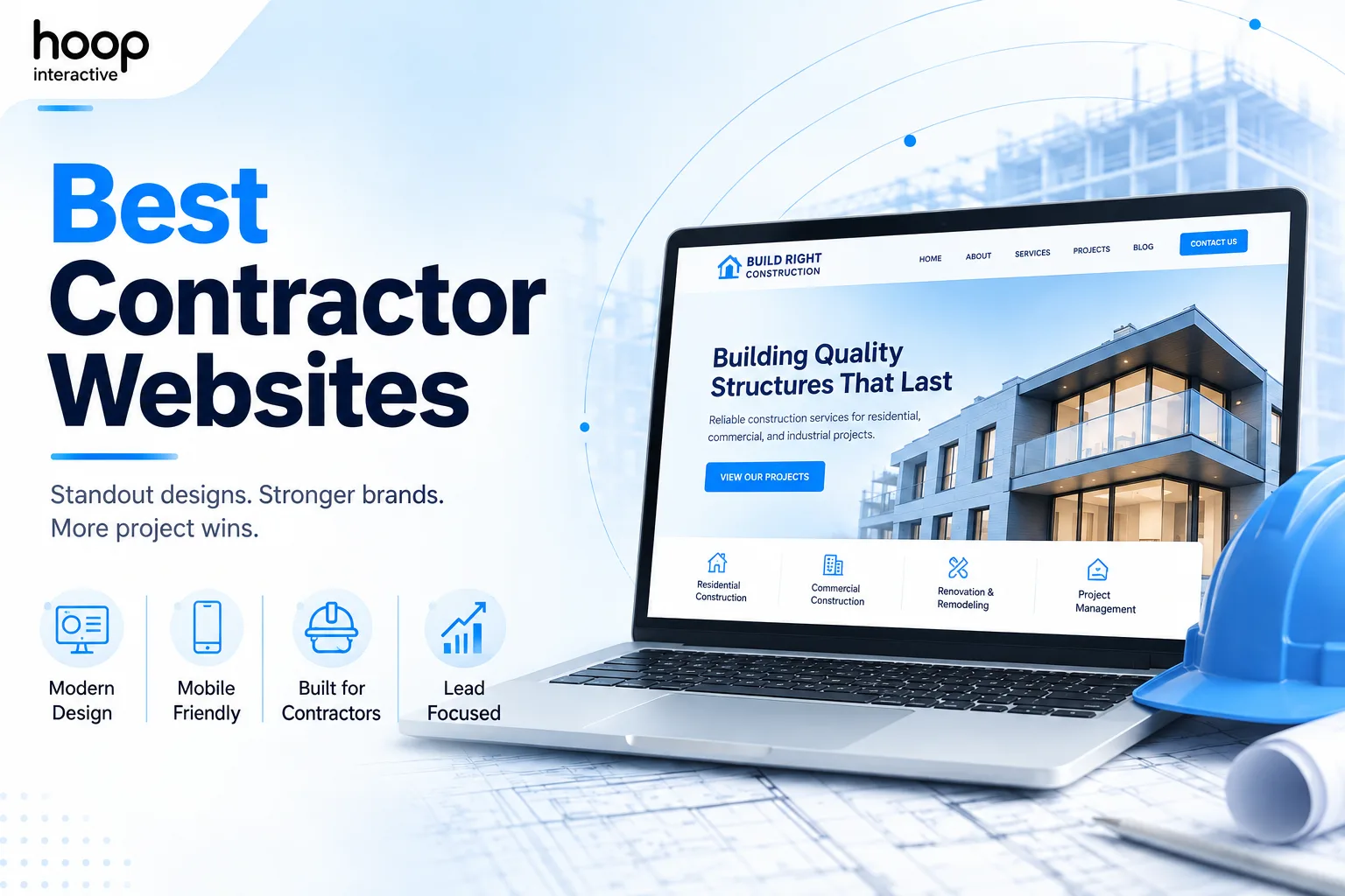 Contractor website design shown on a laptop beside a hard hat and building plans