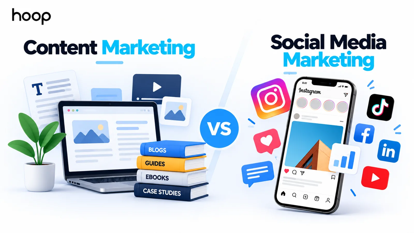 Split comparison image with a laptop and a stack of blogs, guides, ebooks, and case studies on one side and a phone showing an Instagram feed with social platform icons on the other