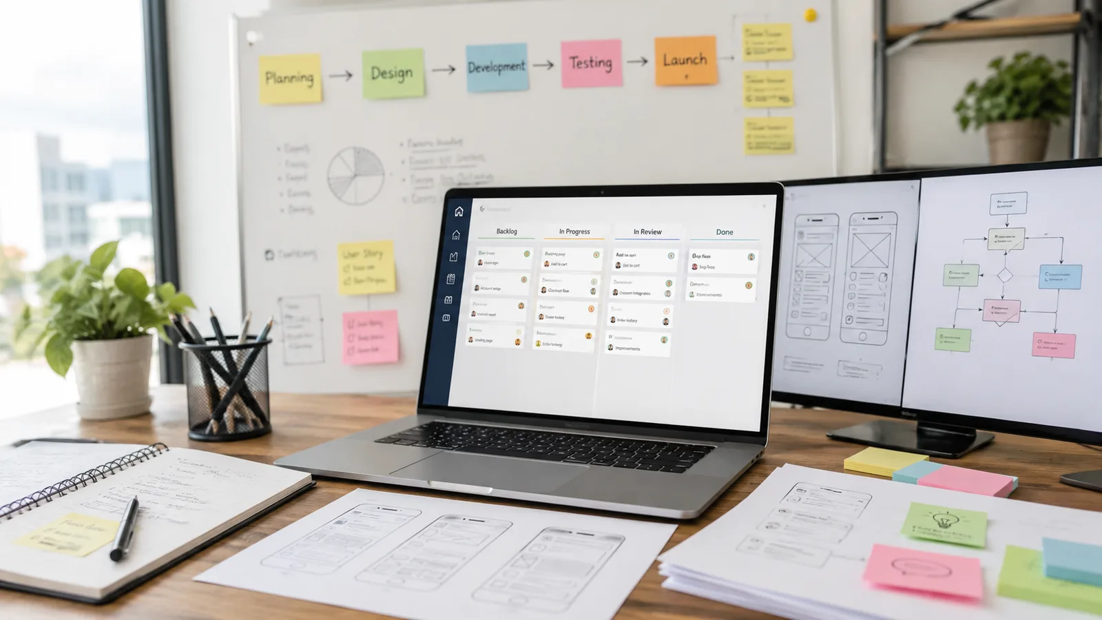 Workspace with a team workflow board showing planning, design, development, testing and launch stages