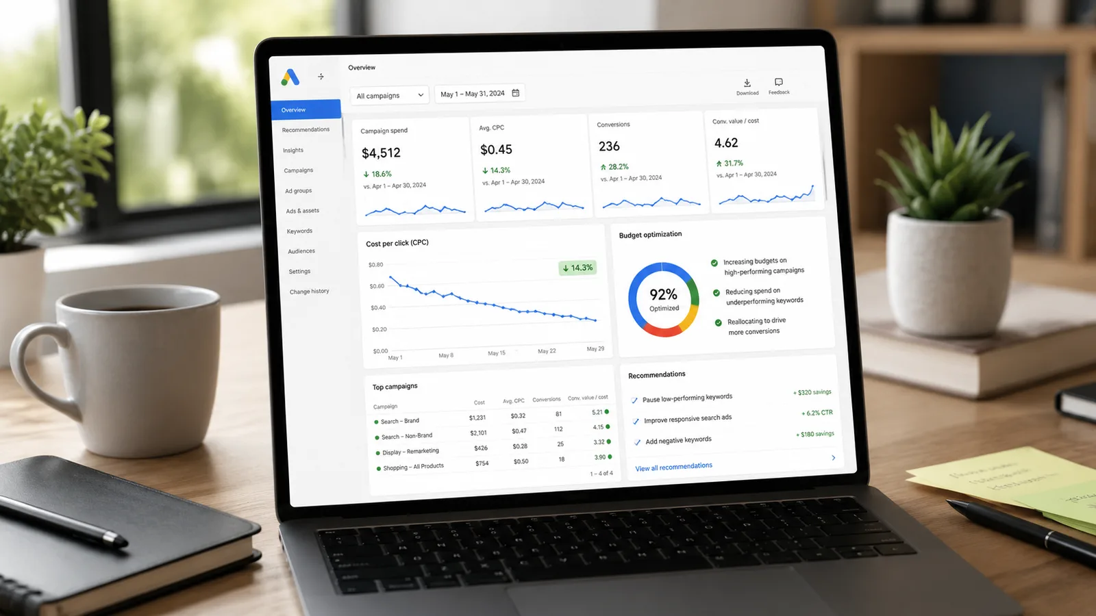Laptop showing a campaign dashboard with spend, cost per click, conversions and return on ad spend