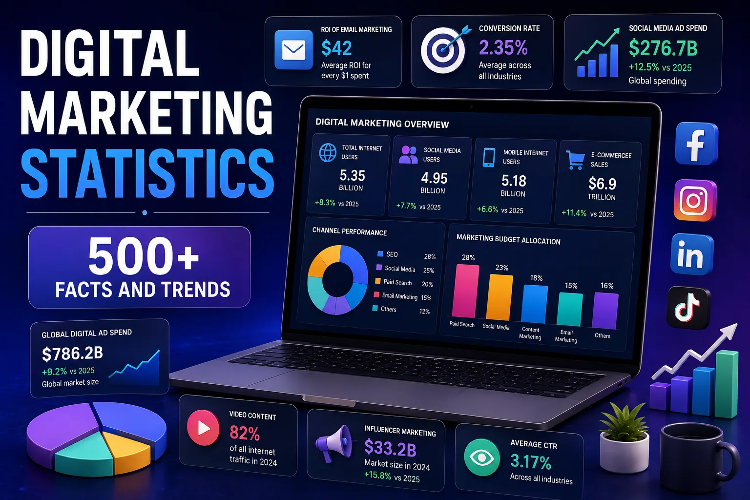 Digital marketing statistics infographic with a laptop dashboard, channel performance, and budget allocation charts