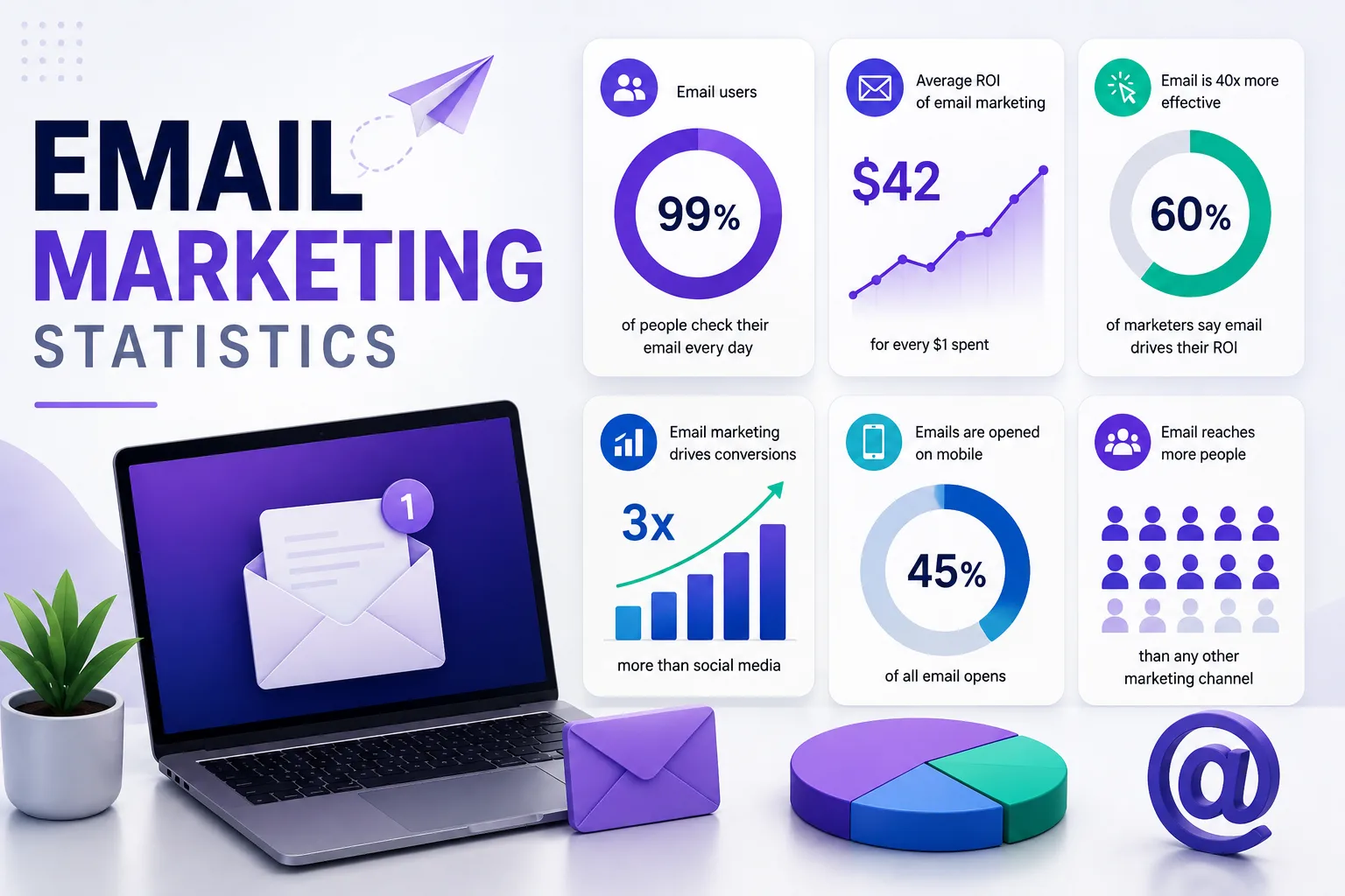 Email marketing statistics infographic showing ROI, mobile opens, and conversion figures around a laptop