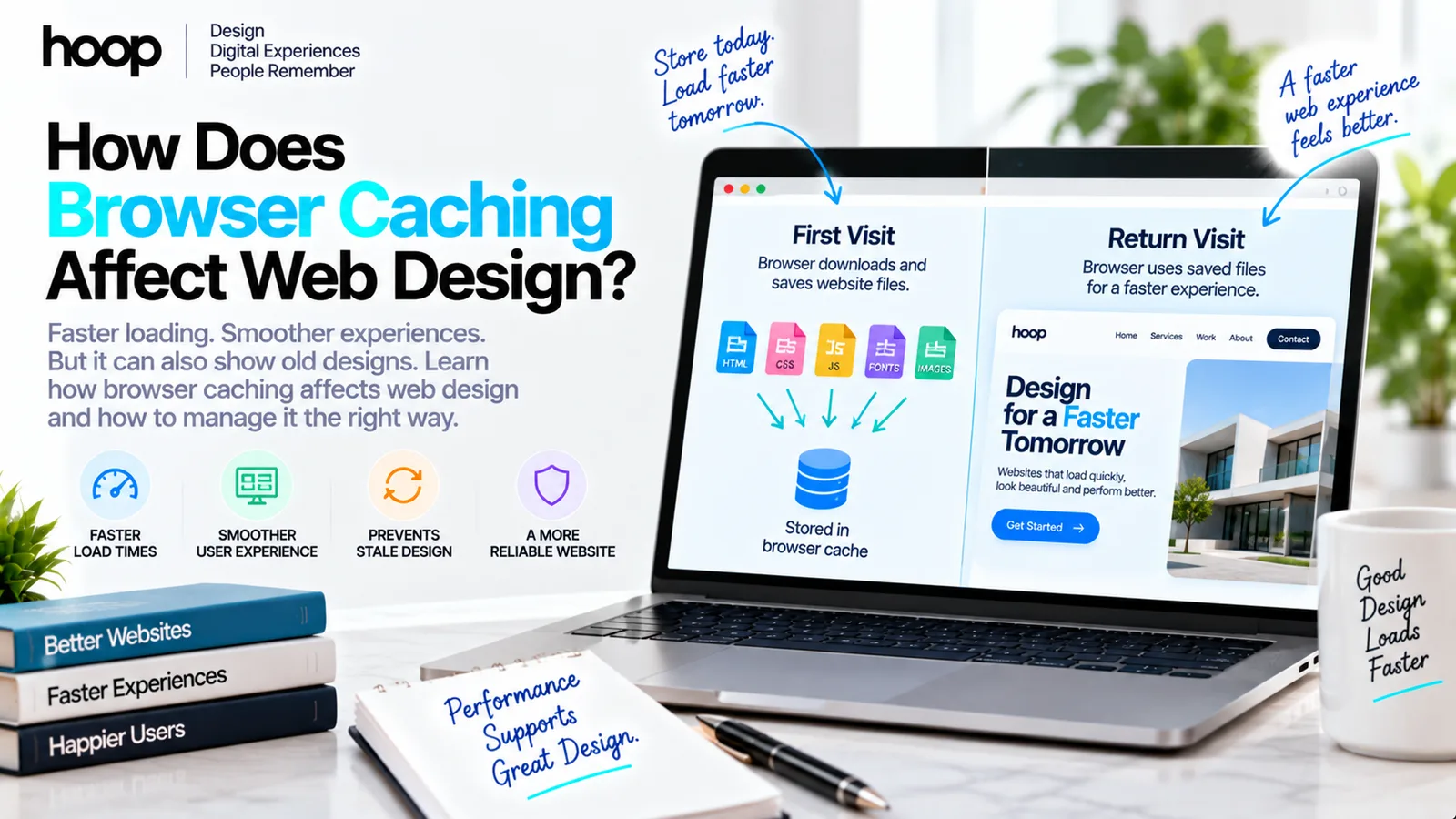 Hoop branded graphic titled “How Does Browser Caching Affect Web Design?” showing a laptop comparing a first visit that downloads files with a return visit that reuses them