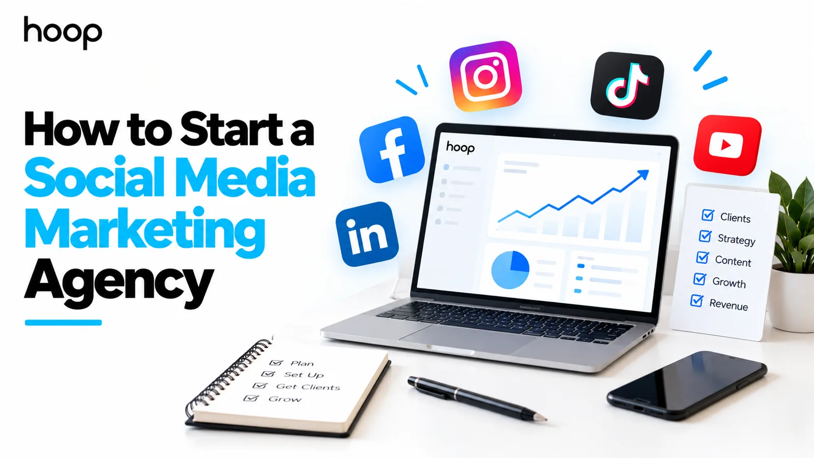 Laptop showing an agency analytics dashboard beside a notepad checklist reading plan, set up, get clients, grow, with Instagram, TikTok, Facebook, LinkedIn, and YouTube icons above