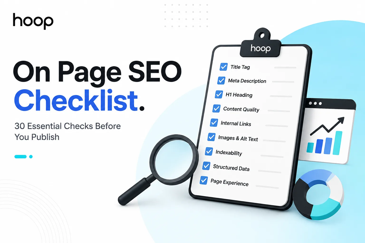 On page SEO checklist clipboard showing title tag, meta description, H1, content quality, internal links, and indexability checks