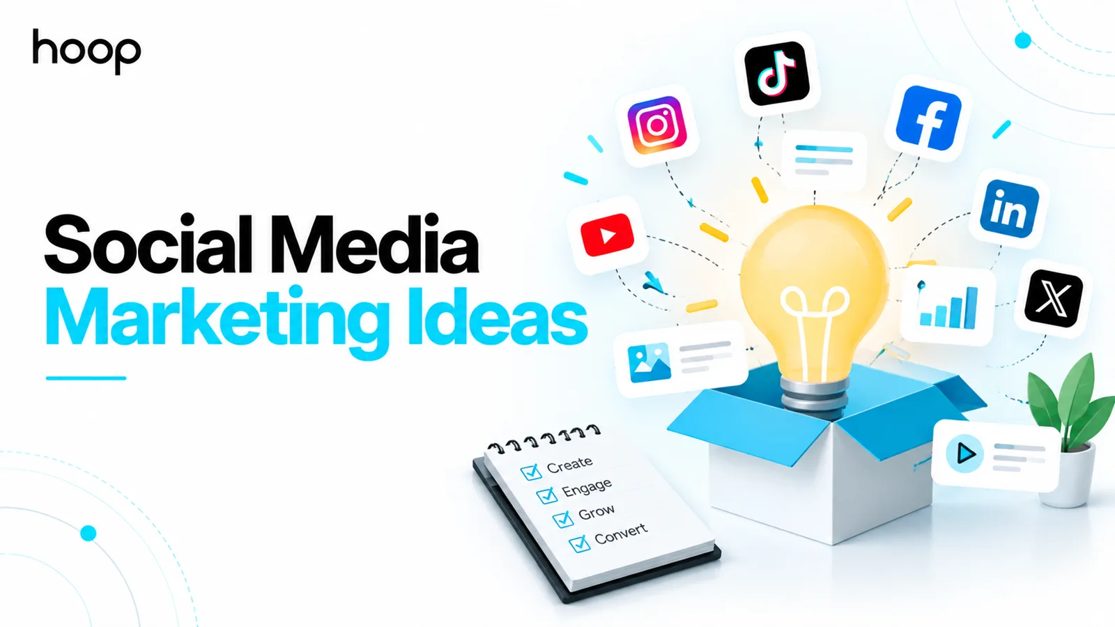Lightbulb rising out of an open idea box surrounded by Instagram, TikTok, Facebook, LinkedIn, YouTube, and X icons, with a notepad checklist reading create, engage, grow, convert