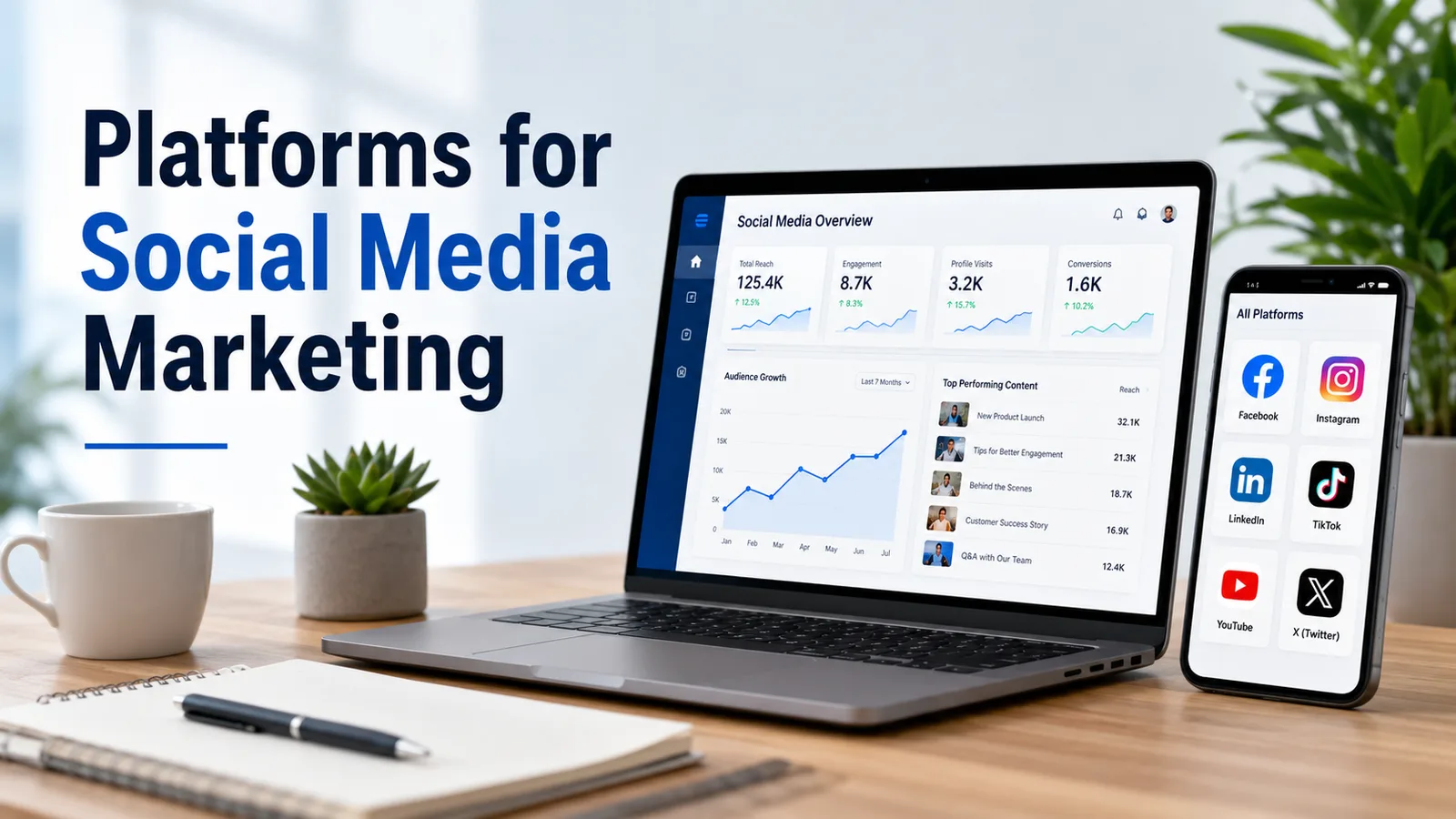 Social media analytics dashboard on a laptop beside a phone listing major platforms