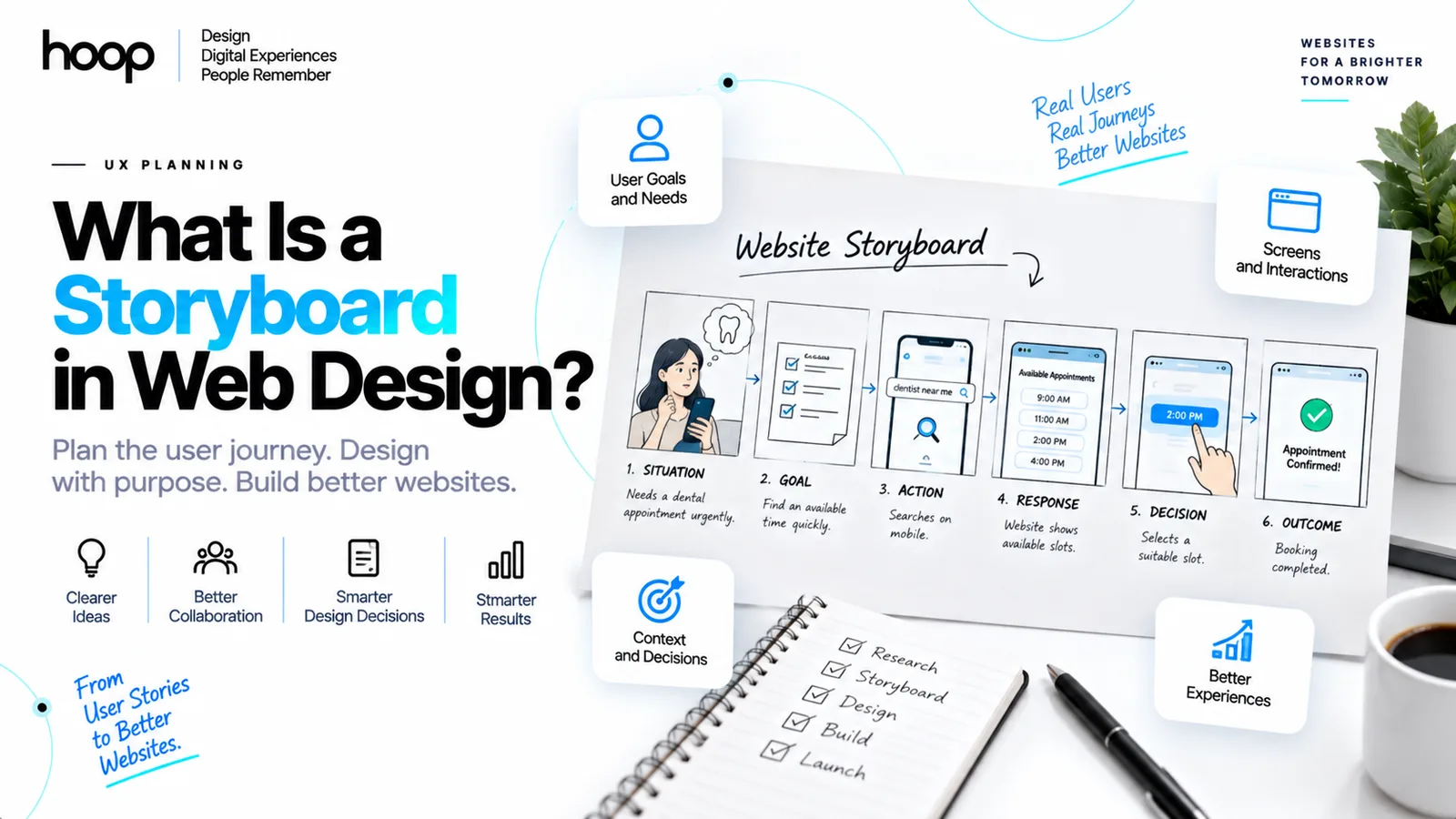 Hoop branded graphic titled “What Is a Storyboard in Web Design?” showing a six-frame hand-drawn website storyboard on a desk beside a notebook
