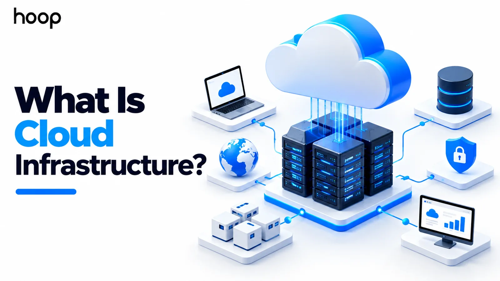 Cloud above a stack of servers connected to a laptop, globe, database, security shield, containers, and an analytics dashboard