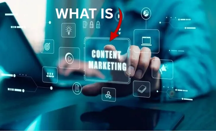 Content marketing concept with a hand touching a content marketing interface and media icons