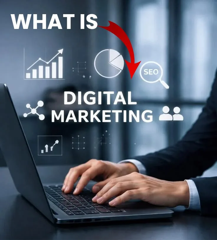 Digital marketing concept with SEO, analytics, and audience icons above a laptop