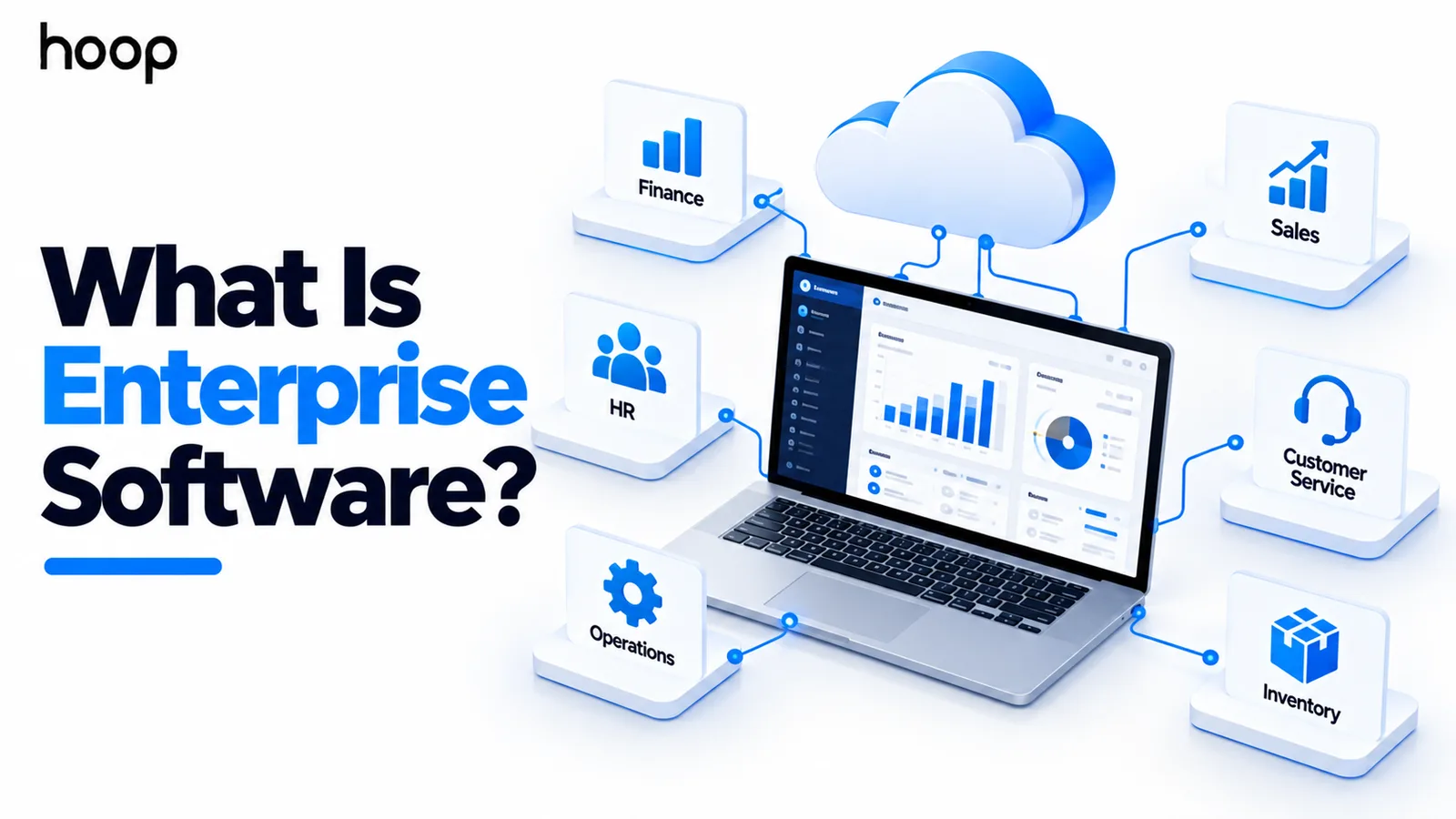 Laptop running an enterprise dashboard connected to finance, HR, operations, sales, customer service, and inventory modules through a cloud