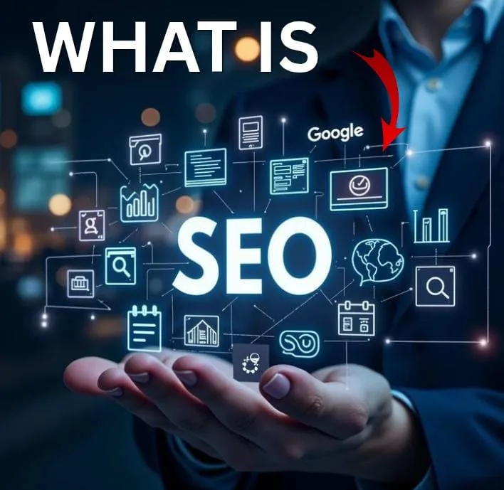 SEO concept with Google, analytics, and search icons above an open hand