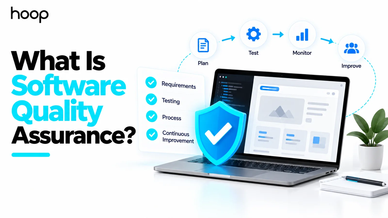 Laptop with a quality shield and a checklist of requirements, testing, process, and continuous improvement, above a plan, test, monitor, improve cycle