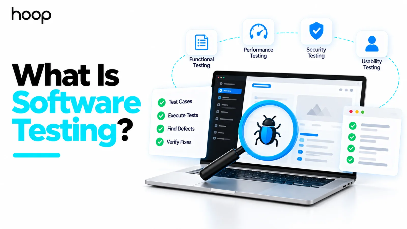 Laptop with a magnifying glass over a bug, a checklist of test cases, execute tests, find defects, and verify fixes, and icons for functional, performance, security, and usability testing