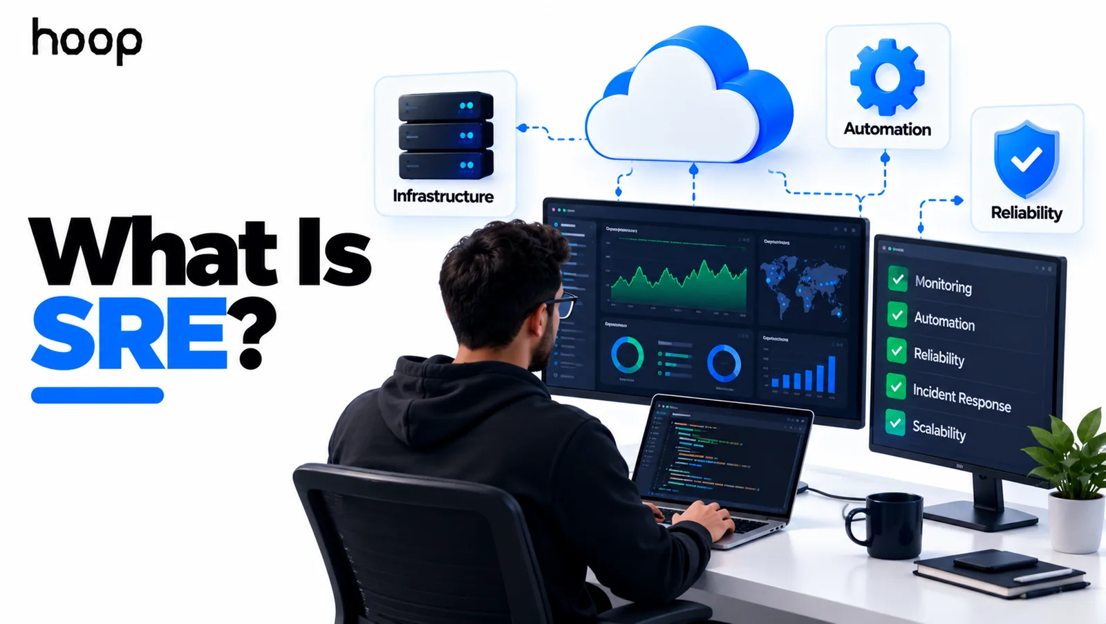 Site reliability engineer at a desk watching production dashboards, with callouts for infrastructure, automation, reliability, monitoring, incident response, and scalability