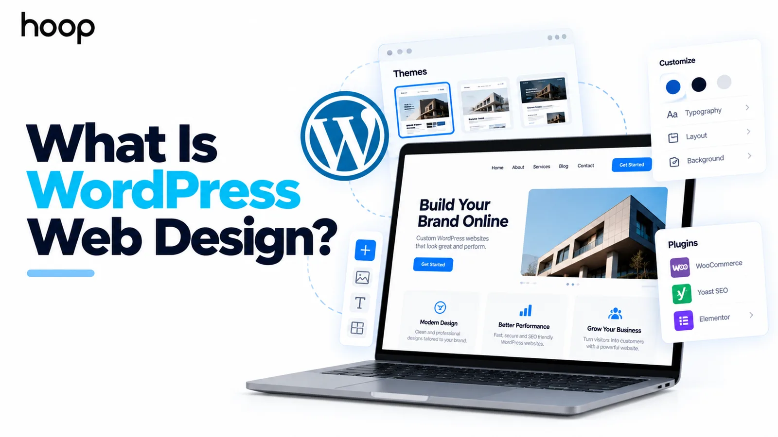 Laptop showing a WordPress business website alongside the WordPress logo, a theme picker, customization panel, and plugin list with WooCommerce, Yoast SEO, and Elementor