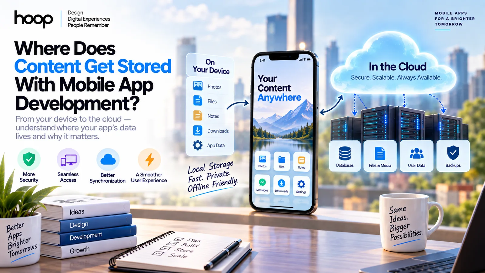 Hoop branded graphic titled “Where Does Content Get Stored With Mobile App Development?” showing a phone between on-device storage items and cloud servers holding databases, files, user data, and backups