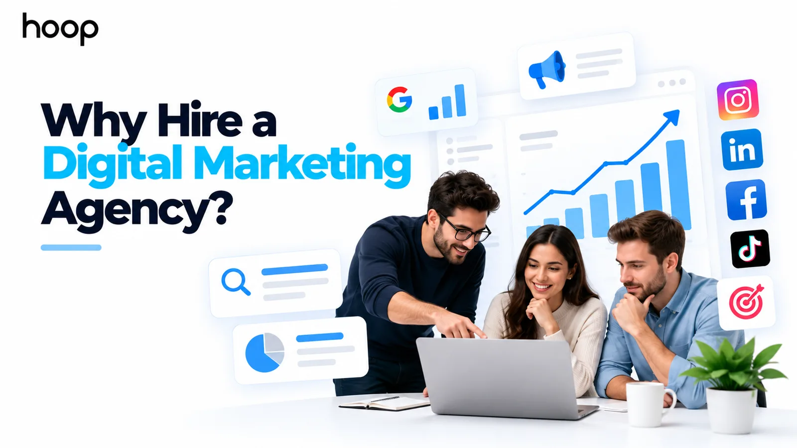 Three marketing colleagues reviewing campaign performance on a laptop, surrounded by growth charts, search and analytics cards, and social platform icons