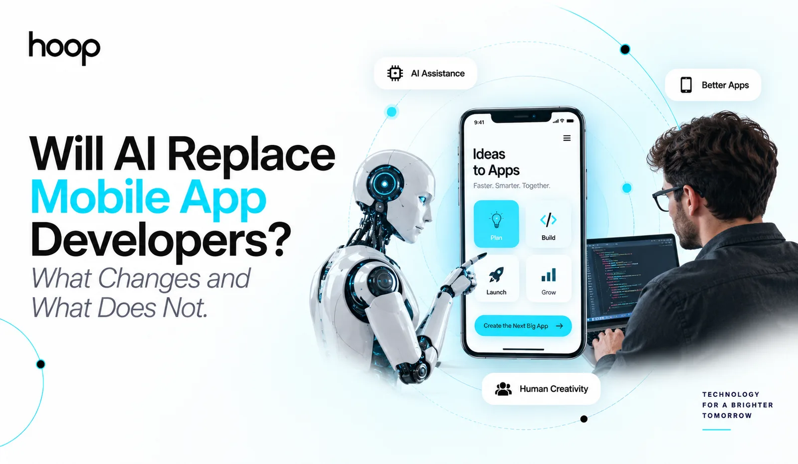 Hoop branded graphic titled “Will AI Replace Mobile App Developers? What Changes and What Does Not” showing a robot pointing at a phone app while a developer works on code