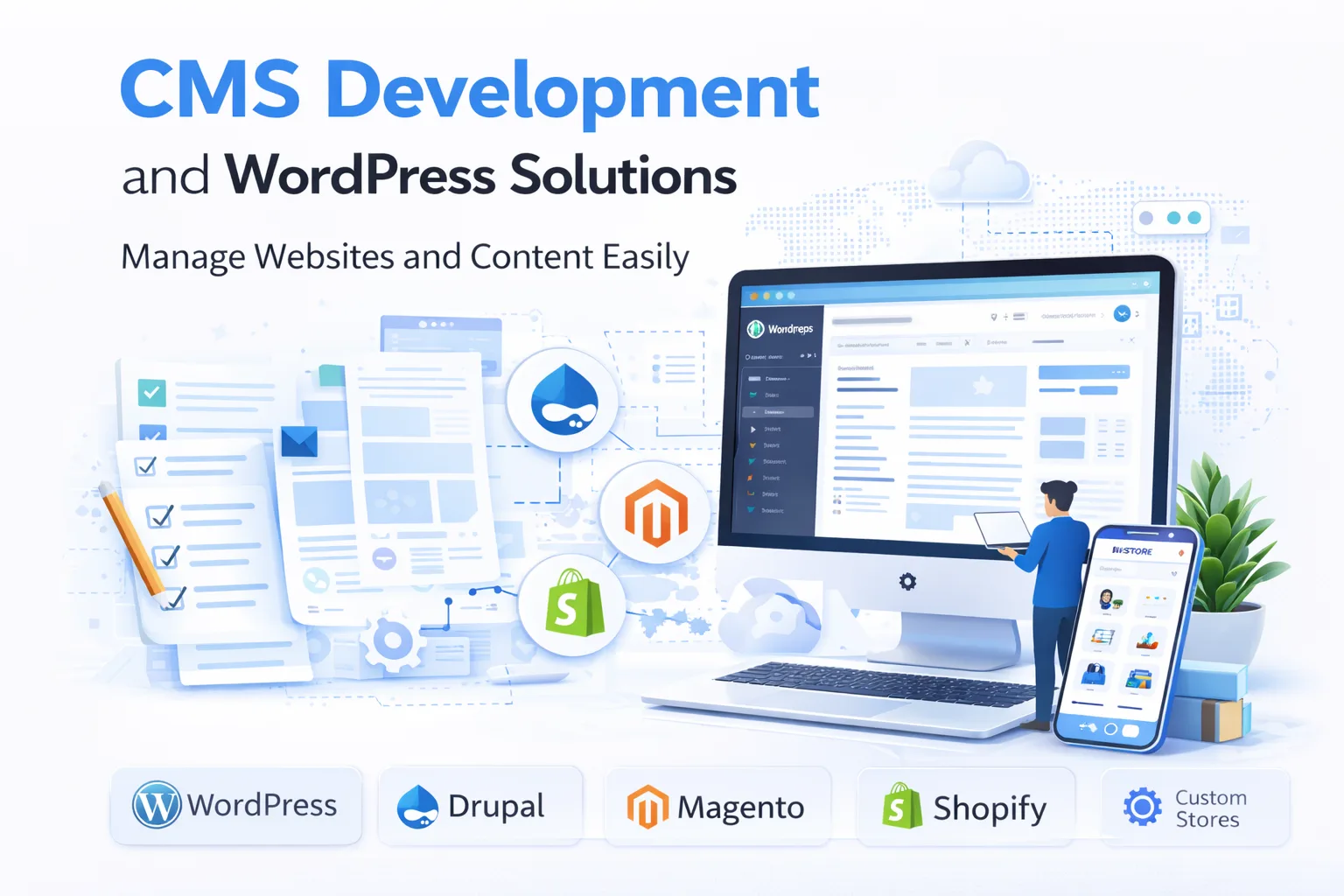 CMS development illustration comparing WordPress, Drupal, Magento, Shopify and custom builds
