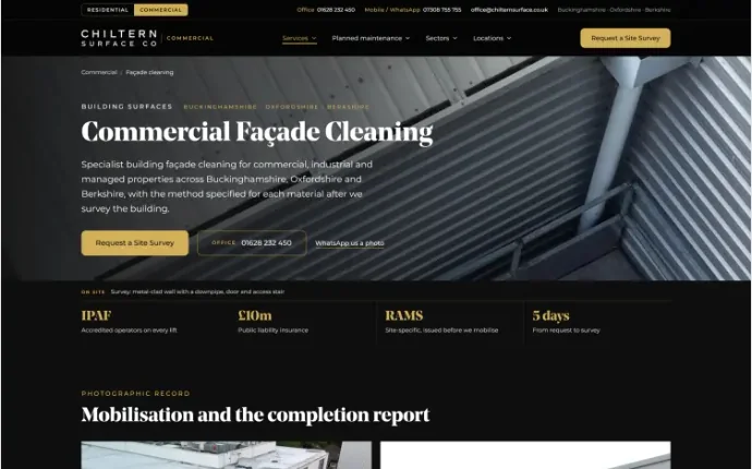 Chiltern Surface Co commercial facade cleaning service page with proof strip and mobilisation and completion report section