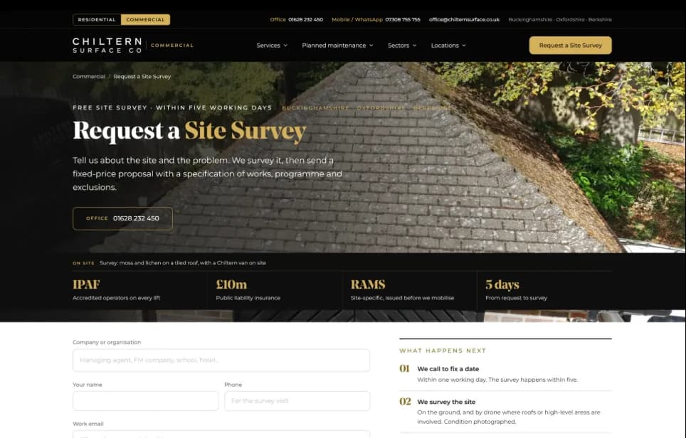 Chiltern Surface Co commercial division Request a Site Survey page with accreditation, insurance, method statement and five day survey proof points