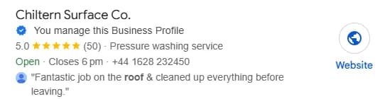 Google local results for best roof cleaning companies in Marlow with Chiltern Surface Co listed first with a 5.0 rating from 50 reviews