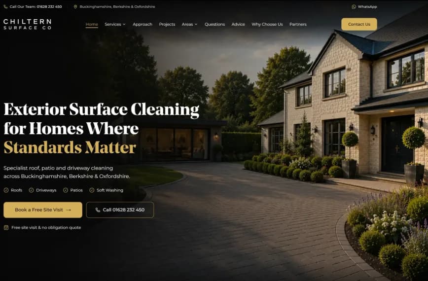 Chiltern Surface Co residential homepage headline Exterior Surface Cleaning for Homes Where Standards Matter with buttons to book a free site visit and call
