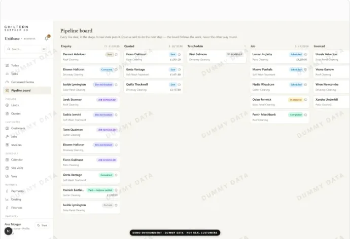Unitbase pipeline board with jobs organised in stages, watermarked as dummy data