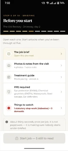 Chiltern View mobile before you start checklist with job brief, photos, treatment guide and PPE