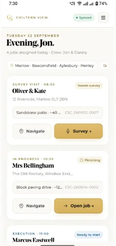 Chiltern View mobile screen listing today's jobs with survey and open job buttons