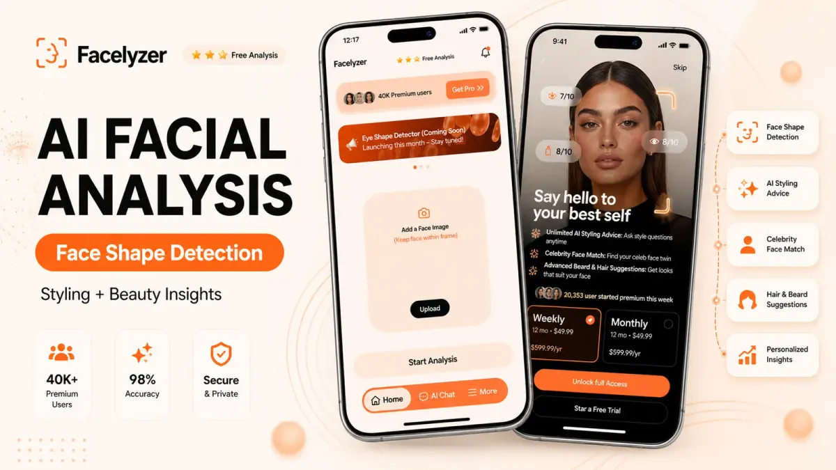 Facelyzer AI facial analysis app: face shape detection, AI styling advice, celebrity face match and hair and beard suggestions across two mobile screens