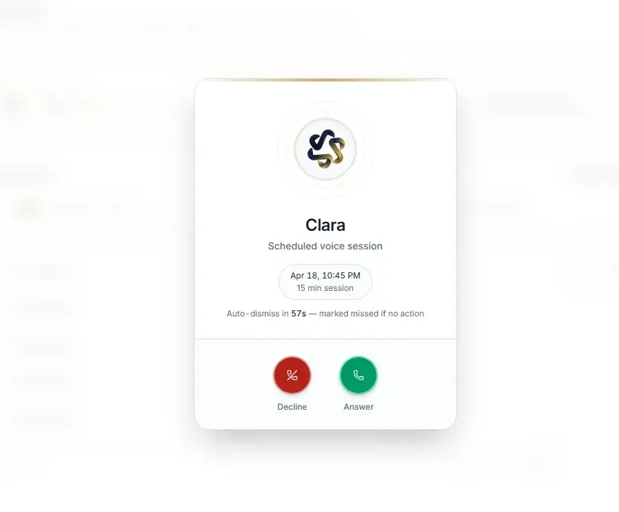 LegacyStream AI incoming call screen from Clara: scheduled voice session with Answer and Decline buttons