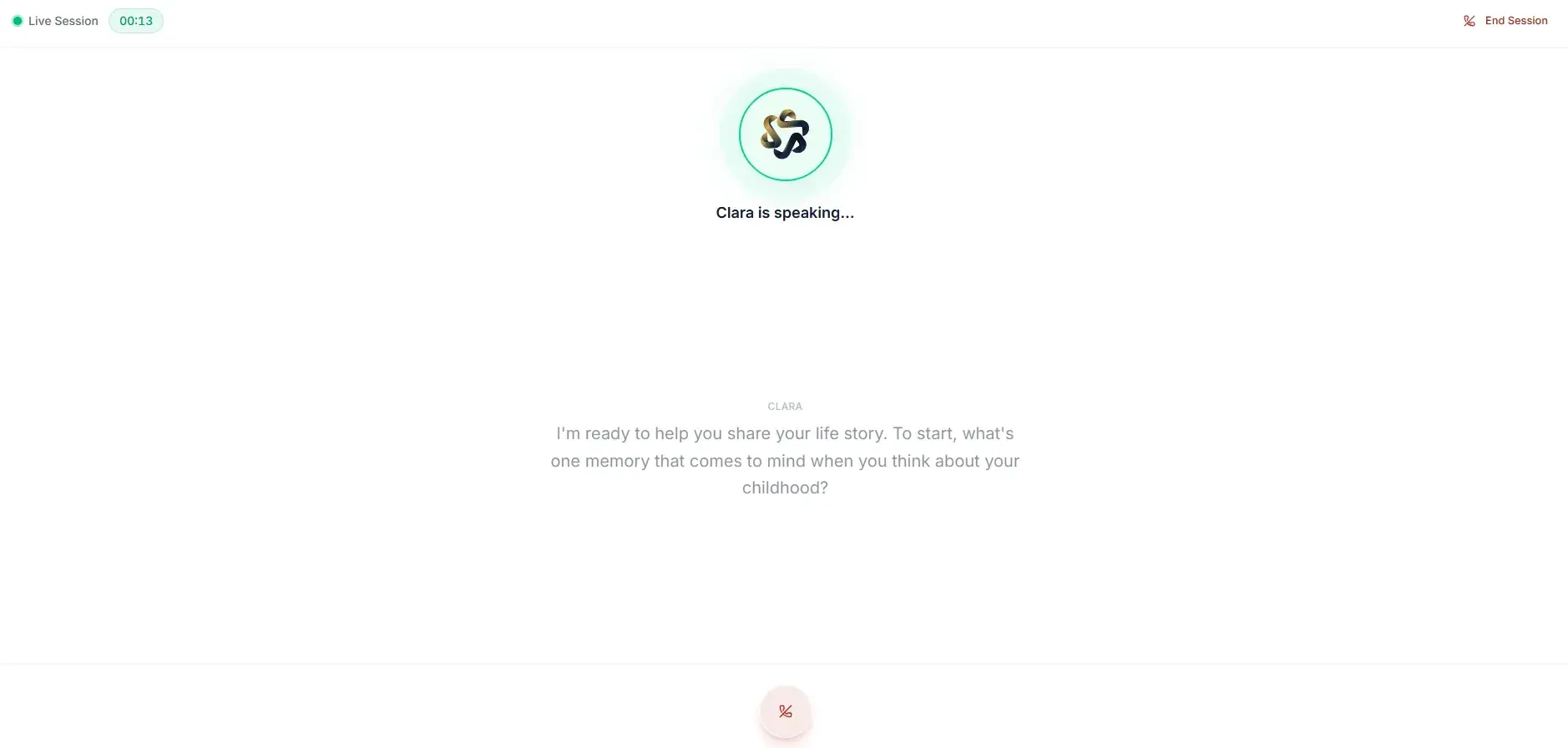 LegacyStream AI live voice session: Clara is speaking, asking a guided life-story question