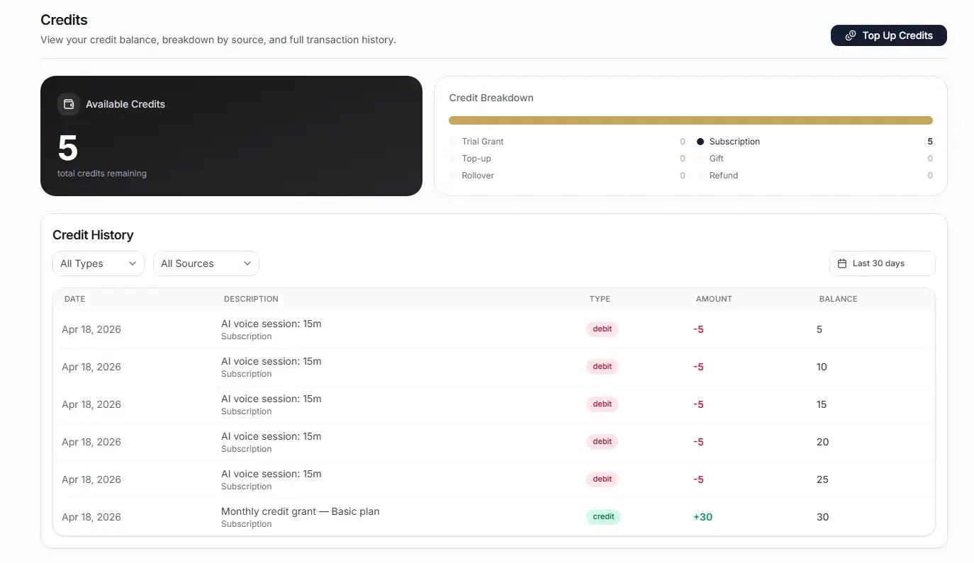 LegacyStream AI credits screen with available credits and credit history ledger