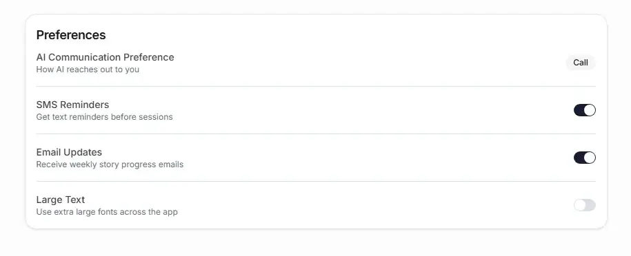 LegacyStream AI preferences: AI call preference, SMS reminders, email updates, large text