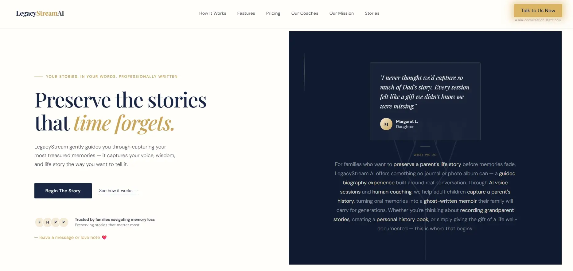 LegacyStream AI website: Preserve the stories that time forgets