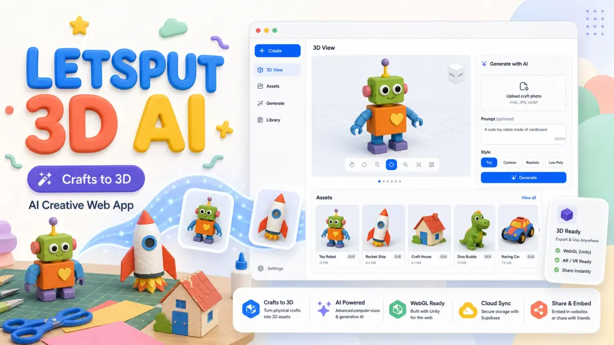 LetsPut 3D AI creative web app concept: turning physical crafts into 3D assets, with an asset library, AI generation panel, and WebGL, AR and VR ready export