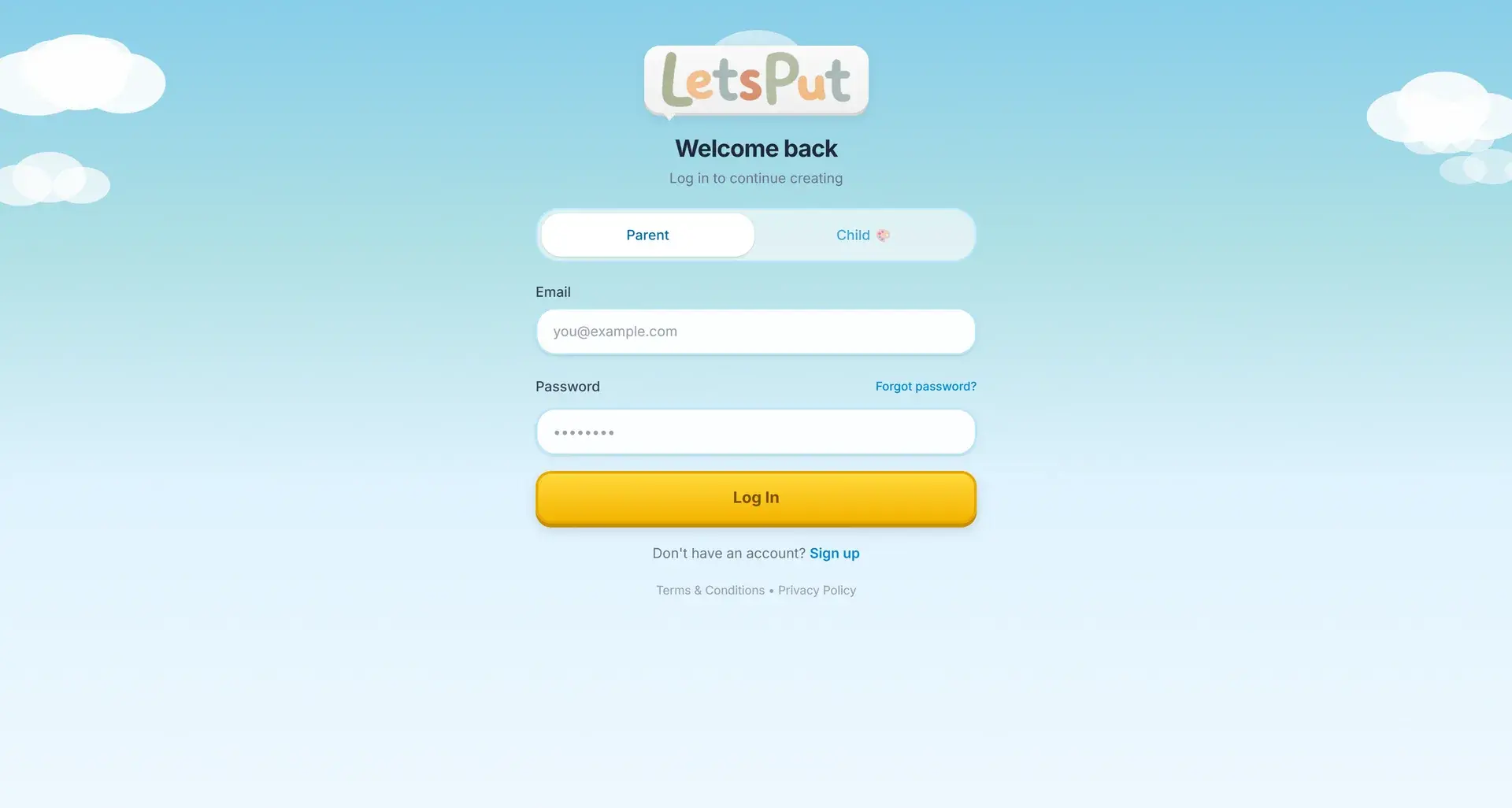 LetsPut login screen with Parent and Child tabs, email and password fields