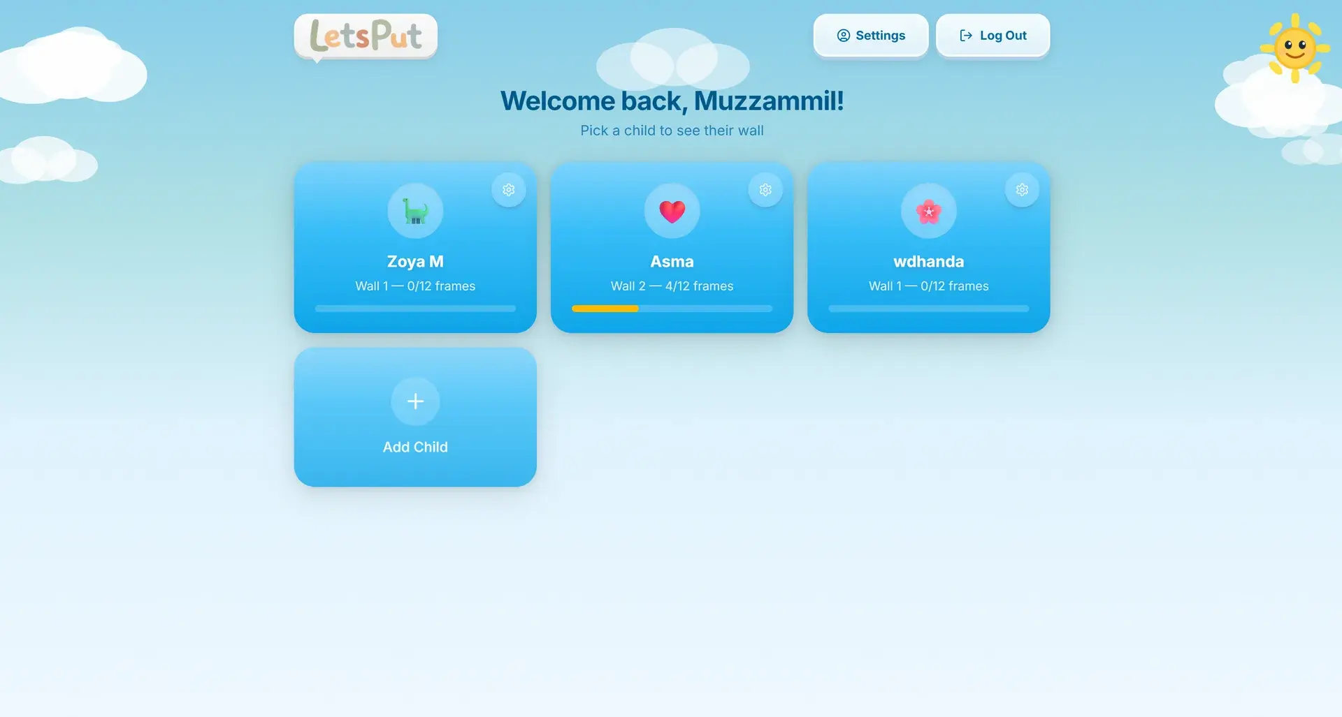 LetsPut parent dashboard showing child profiles, each with a wall and frame progress bar, and an Add Child card on a soft sky-blue background