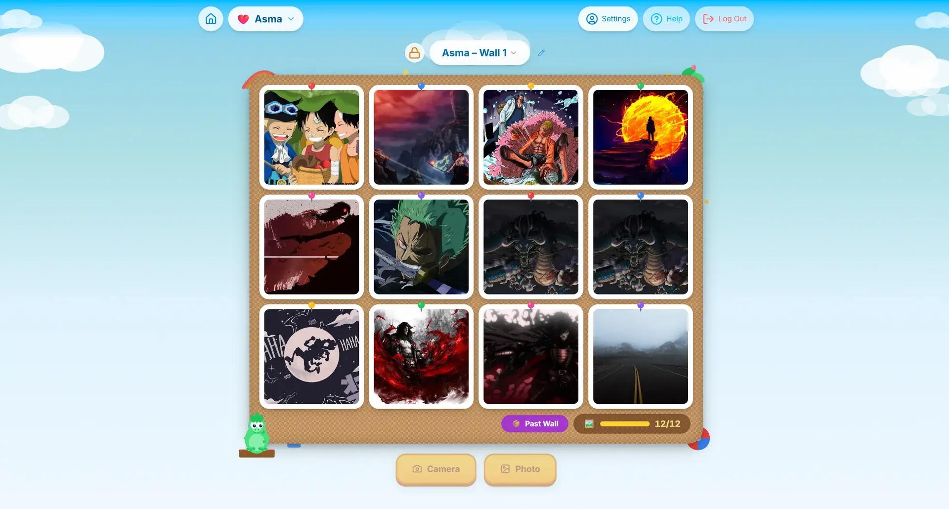 LetsPut child’s photo wall: a corkboard with twelve framed images, a frame counter showing 12 of 12, and Camera and Photo buttons