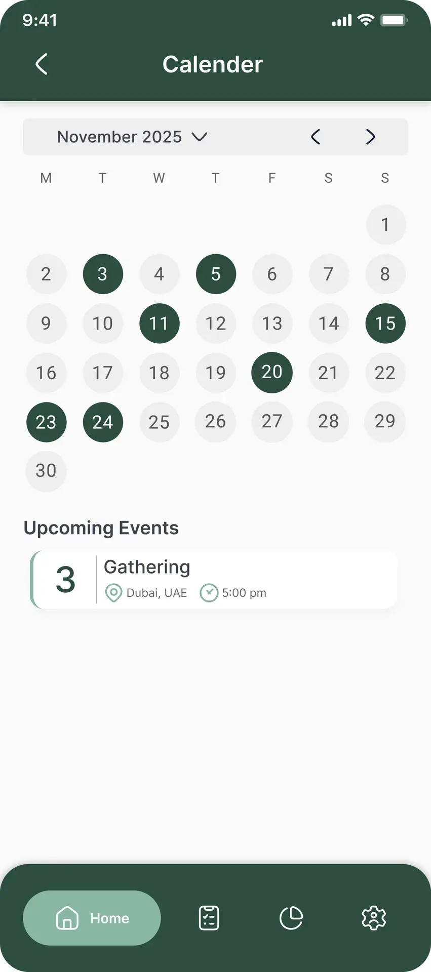 QalbSync monthly calendar screen with completed days highlighted and an upcoming gathering event