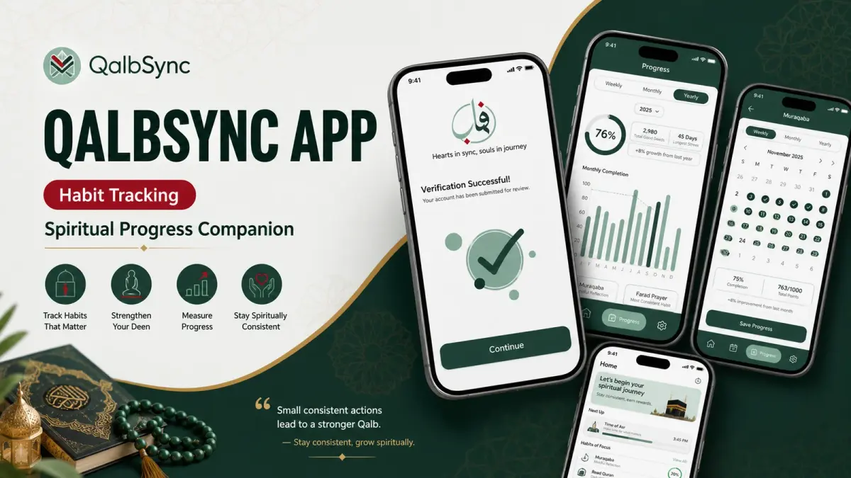 QalbSync Flutter habit-tracking app: personalized spiritual progress companion with habit tracking, progress analytics dashboard, calendar, and onboarding screens