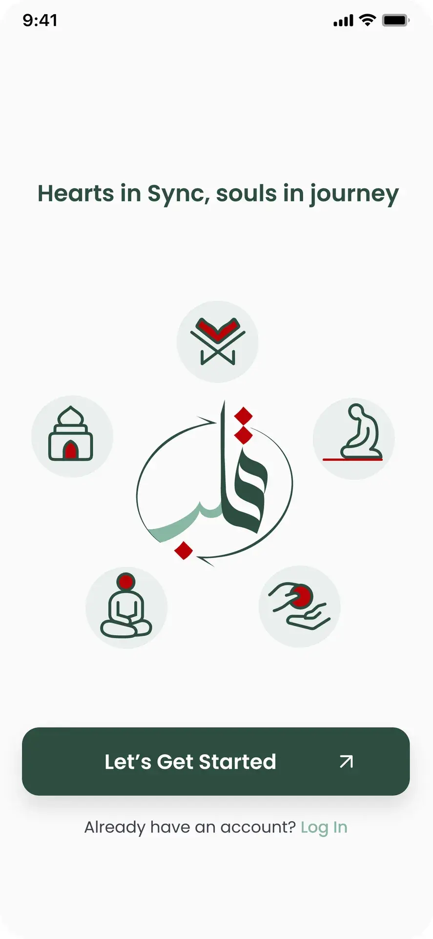 QalbSync onboarding screen with the Qalb calligraphy mark and Let’s Get Started button
