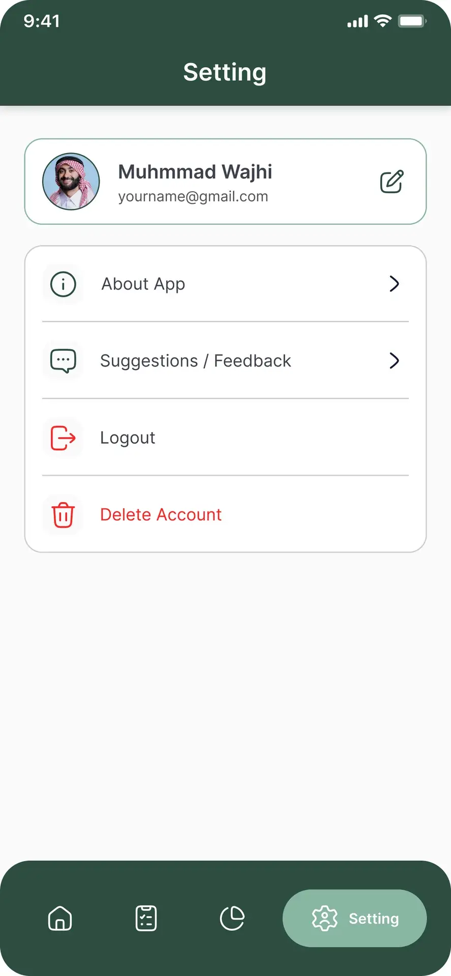 QalbSync settings screen with profile, feedback, logout and account deletion options