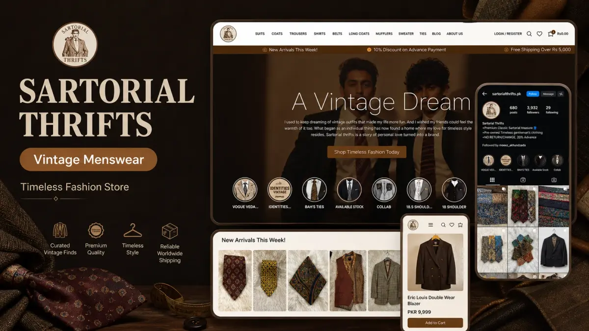 Sartorial Thrifts brand identity, logo system and WordPress storefront built from scratch by Hoop Interactive