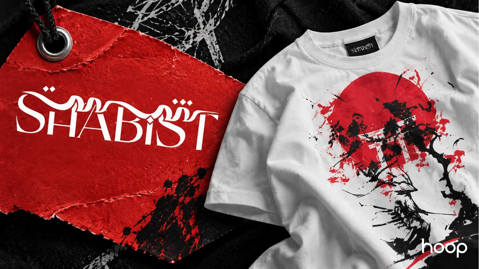 Shabist art-inspired streetwear brand: red Shabist tag beside a white samurai graphic T-shirt
