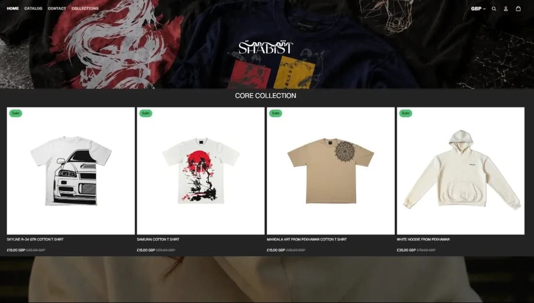 Shabist Shopify store homepage with Shabist logo hero and Core Collection of graphic tees and hoodies