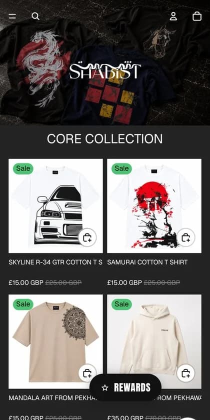 Shabist store on mobile: logo hero and two-column Core Collection grid with quick add-to-cart